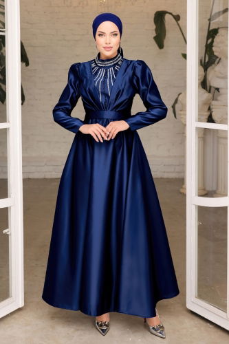 moda selvim Evening Dress 6559YG95 Navy Blue - Thumbnail