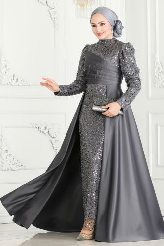 moda selvim Evening Dress 6571YG95 Anthracite - Thumbnail