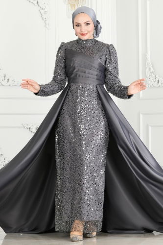 moda selvim Evening Dress 6571YG95 Anthracite - Thumbnail