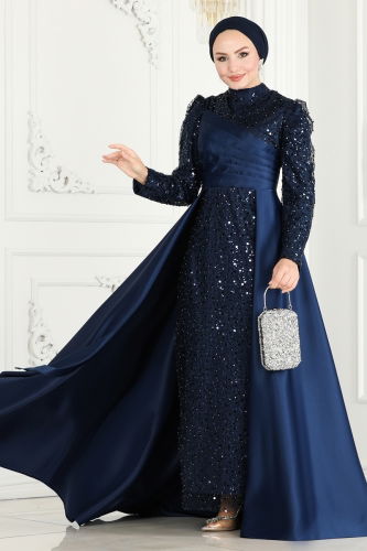 moda selvim Evening Dress 6571YG95 Navy Blue - Thumbnail