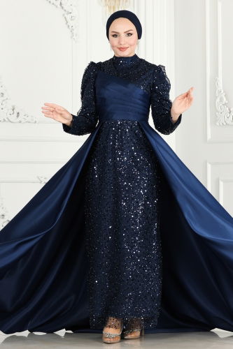 moda selvim Evening Dress 6571YG95 Navy Blue - Thumbnail