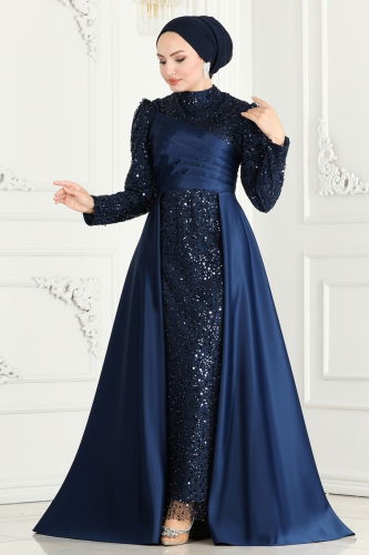 moda selvim Evening Dress 6571YG95 Navy Blue - Thumbnail