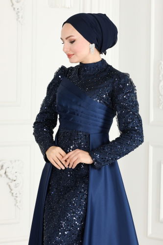 moda selvim Evening Dress 6571YG95 Navy Blue - Thumbnail