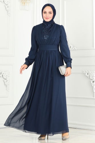 moda selvim Evening Dress 6582YG95 Navy Blue - Thumbnail