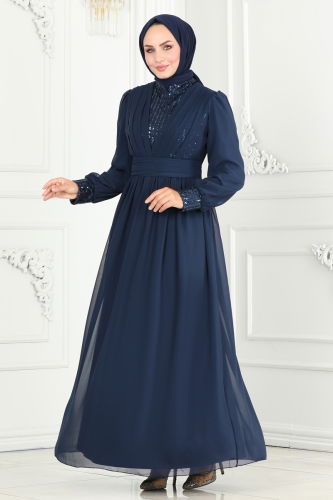 moda selvim Evening Dress 6582YG95 Navy Blue - Thumbnail