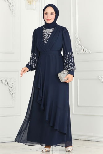 moda selvim EVENING DRESS 6585YG95 Navy Blue - Thumbnail