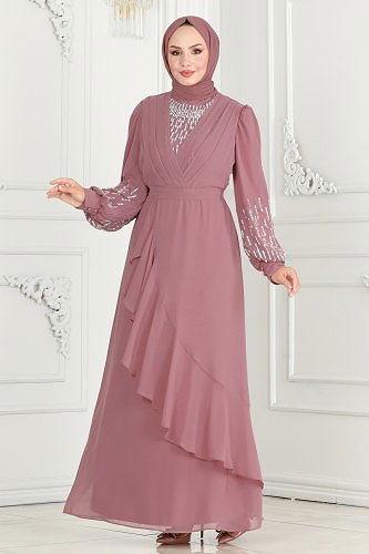 moda selvim فستان سهرة وردي 6585YG95 - Thumbnail