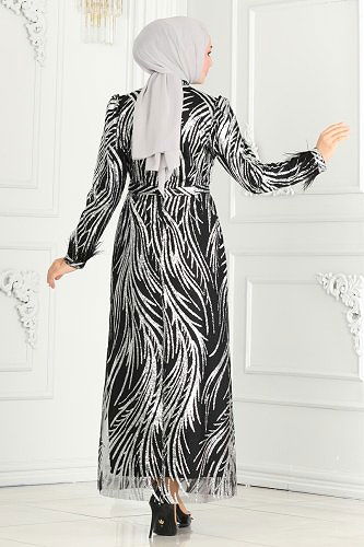 moda selvim Evening Dress 6588YG95 Black & Silver - Thumbnail