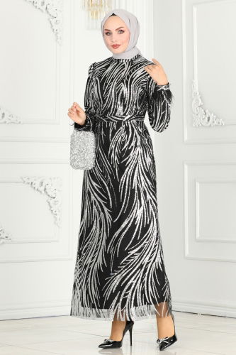 moda selvim Evening Dress 6588YG95 Black & Silver - Thumbnail