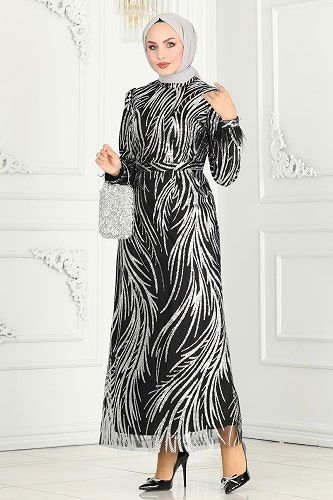 moda selvim فستان سهرة أسود وفضي 6588YG95 - Thumbnail