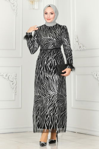 moda selvim Evening Dress 6589YG95 Black & Silver - Thumbnail