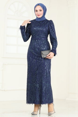 moda selvim Evening Dress 6589YG95 Dark Navy Blue - Thumbnail