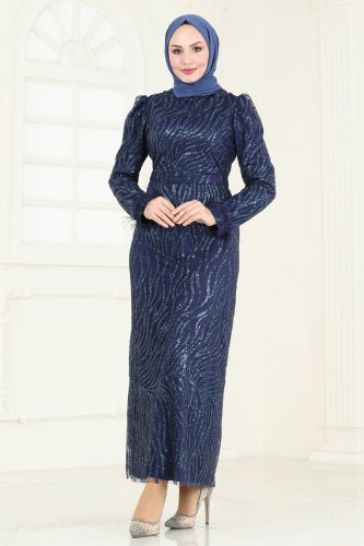 moda selvim Evening Dress 6589YG95 Dark Navy Blue - Thumbnail