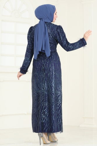 moda selvim Evening Dress 6589YG95 Dark Navy Blue - Thumbnail