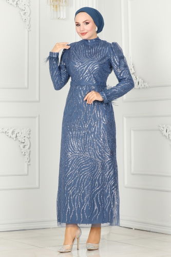 moda selvim Evening Dress 6589YG95 Indigo - Thumbnail