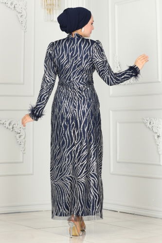 moda selvim Evening Dress 6589YG95 Navy Blue - Thumbnail