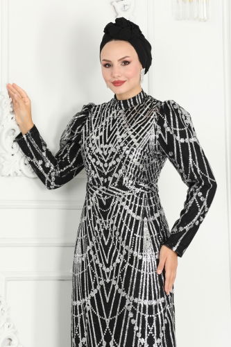 moda selvim Evening Dress 6590YG95 Black & Silver - Thumbnail