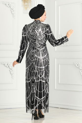 moda selvim Evening Dress 6590YG95 Black & Silver - Thumbnail