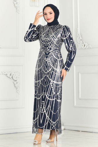 moda selvim Evening Dress 6590YG95 Navy Blue - Thumbnail