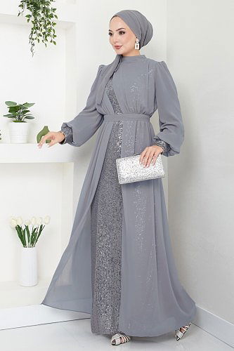 moda selvim فستان سهرة رمادي 6591YG95 - Thumbnail