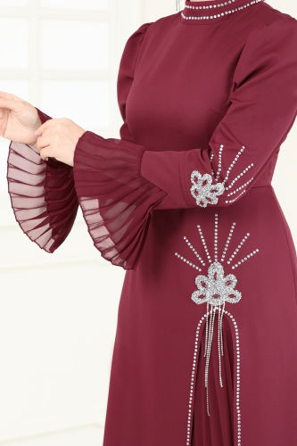 moda selvim فستان سهرة خمري 6617YG95 - Thumbnail