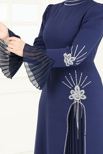 moda selvim Evening Dress 6617YG95 Navy Blue - Thumbnail