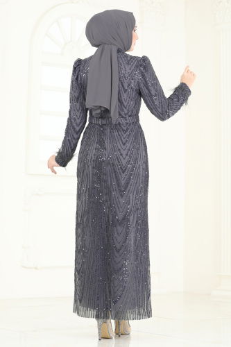 moda selvim فستان سهرة رمادي غامق 6619YG95 - Thumbnail