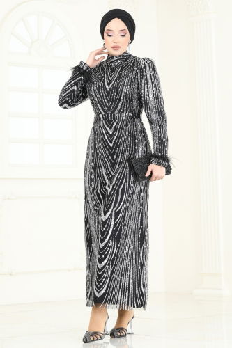 moda selvim Evening Dress 6619YG95 Black & Silver - Thumbnail