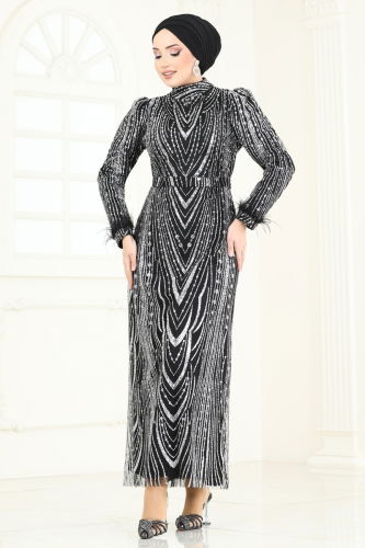 moda selvim Evening Dress 6619YG95 Black & Silver - Thumbnail