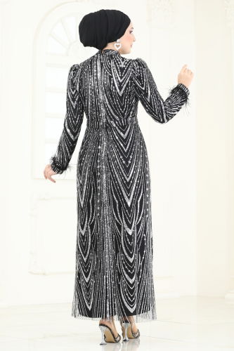 moda selvim Evening Dress 6619YG95 Black & Silver - Thumbnail