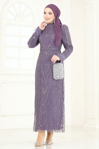 moda selvim Evening Dress 6619YG95 Dark Lilac - Thumbnail