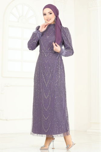 moda selvim Evening Dress 6619YG95 Dark Lilac - Thumbnail