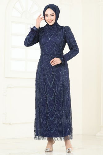 moda selvim Evening Dress 6619YG95 Dark Navy Blue - Thumbnail