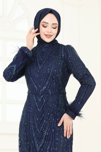 moda selvim فستان سهرة كحلي غامق 6619YG95 - Thumbnail