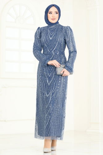 moda selvim Evening Dress 6619YG95 Indigo - Thumbnail