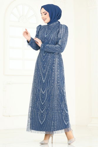 moda selvim Evening Dress 6619YG95 Indigo - Thumbnail