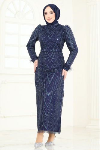 moda selvim Evening Dress 6619YG95 Navy Blue - Thumbnail