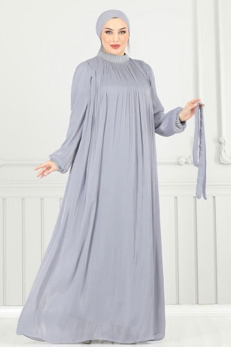 moda selvim فستان سهرة رمادي 6622YG95 - Thumbnail