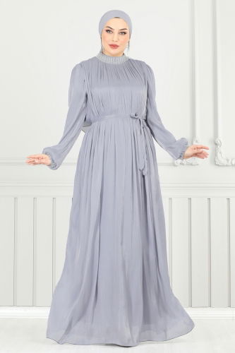 moda selvim فستان سهرة رمادي 6622YG95 - Thumbnail