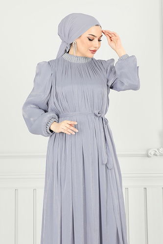moda selvim فستان سهرة رمادي 6622YG95 - Thumbnail