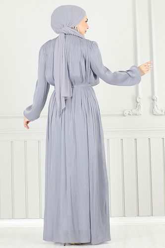 moda selvim فستان سهرة رمادي 6622YG95 - Thumbnail