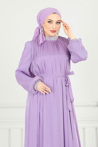 moda selvim فستان سهرة ليلكي 6622YG95 - Thumbnail