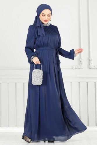 moda selvim فستان سهرة كحلي 6622YG95 - Thumbnail