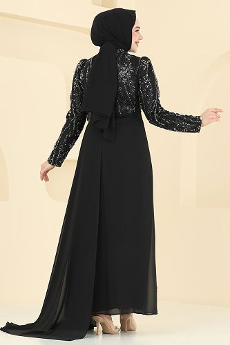 moda selvim فستان سهرة أسود 6625YG95 - Thumbnail