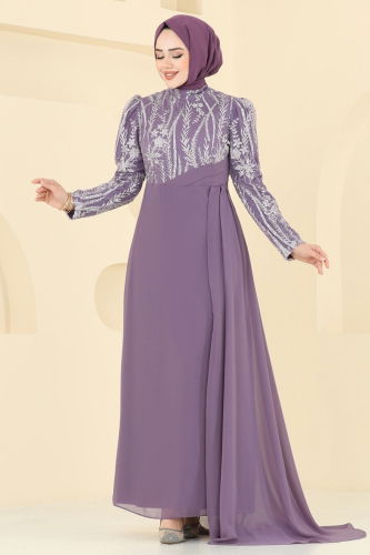 moda selvim Evening Dress 6625YG95 Dark Lilac - Thumbnail