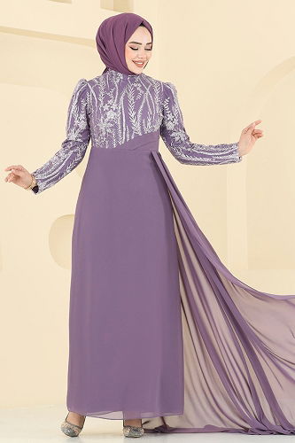 moda selvim Evening Dress 6625YG95 Dark Lilac - Thumbnail
