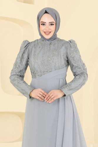 moda selvim فستان سهرة رمادي 6625YG95 - Thumbnail