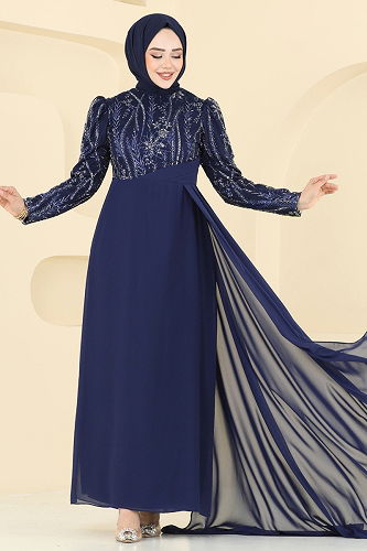 moda selvim Evening Dress 6625YG95 Navy Blue - Thumbnail
