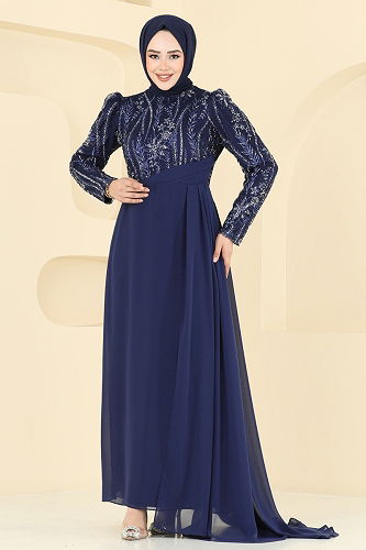 moda selvim Evening Dress 6625YG95 Navy Blue - Thumbnail