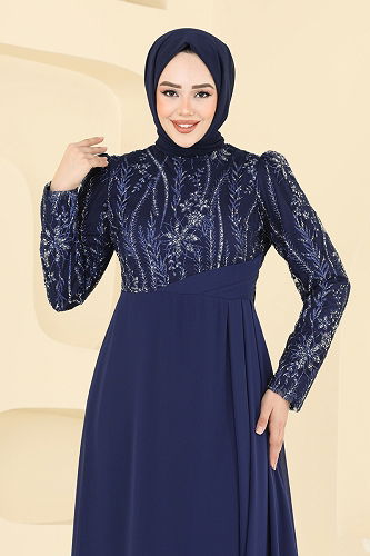 moda selvim Evening Dress 6625YG95 Navy Blue - Thumbnail